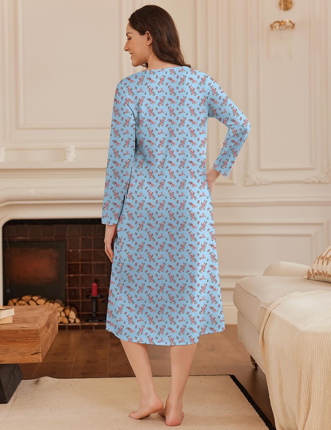 Long button nightgown, full-length light blue floral, back view