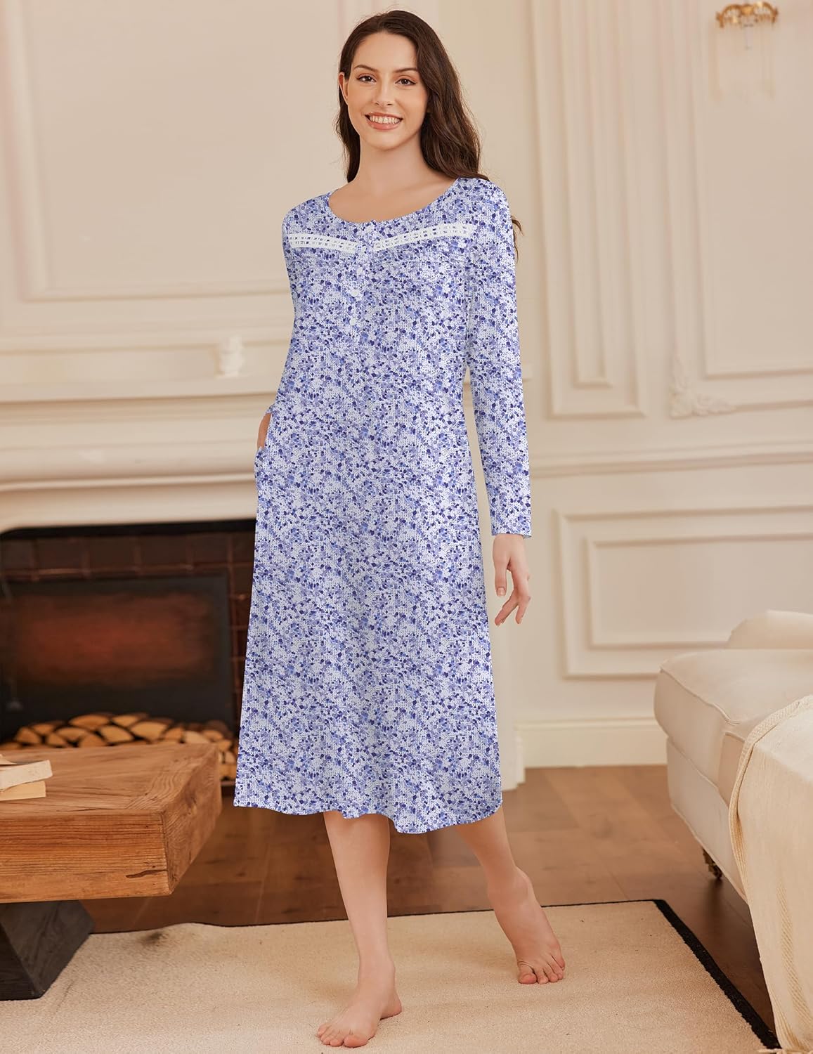 Long button nightgown, full-length blue micro-floral print