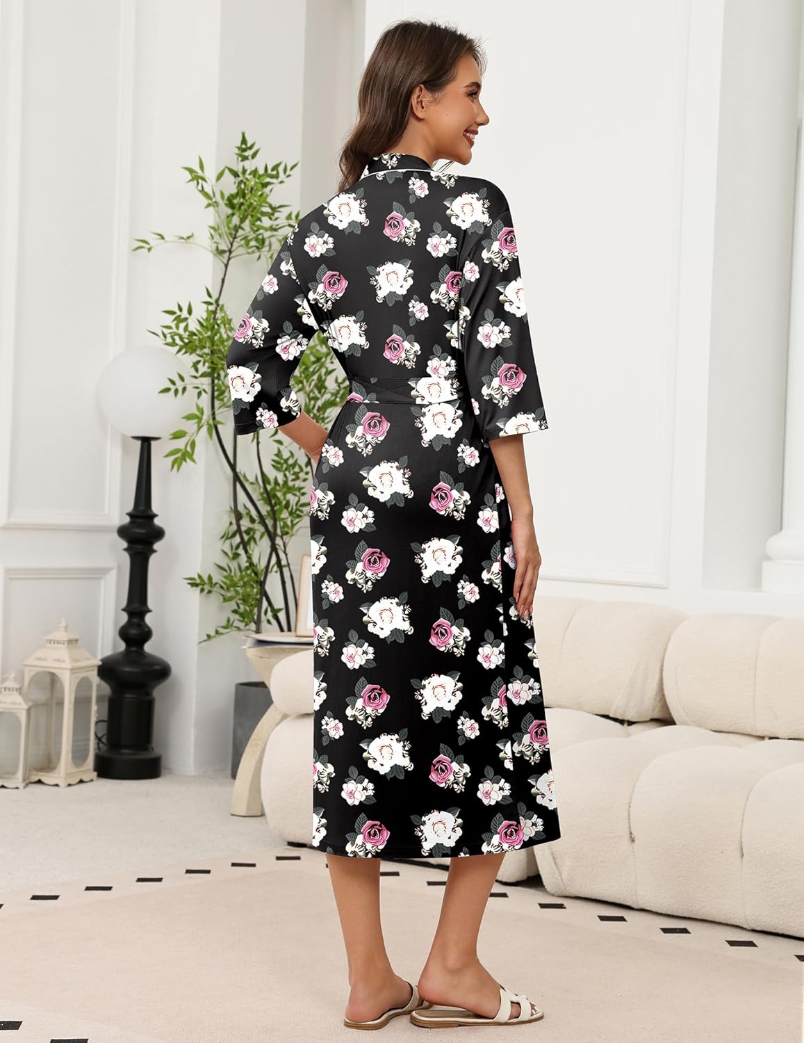Long knit kimono bathrobe, black floral print, belted waist, 3/4 sleeves, back view.