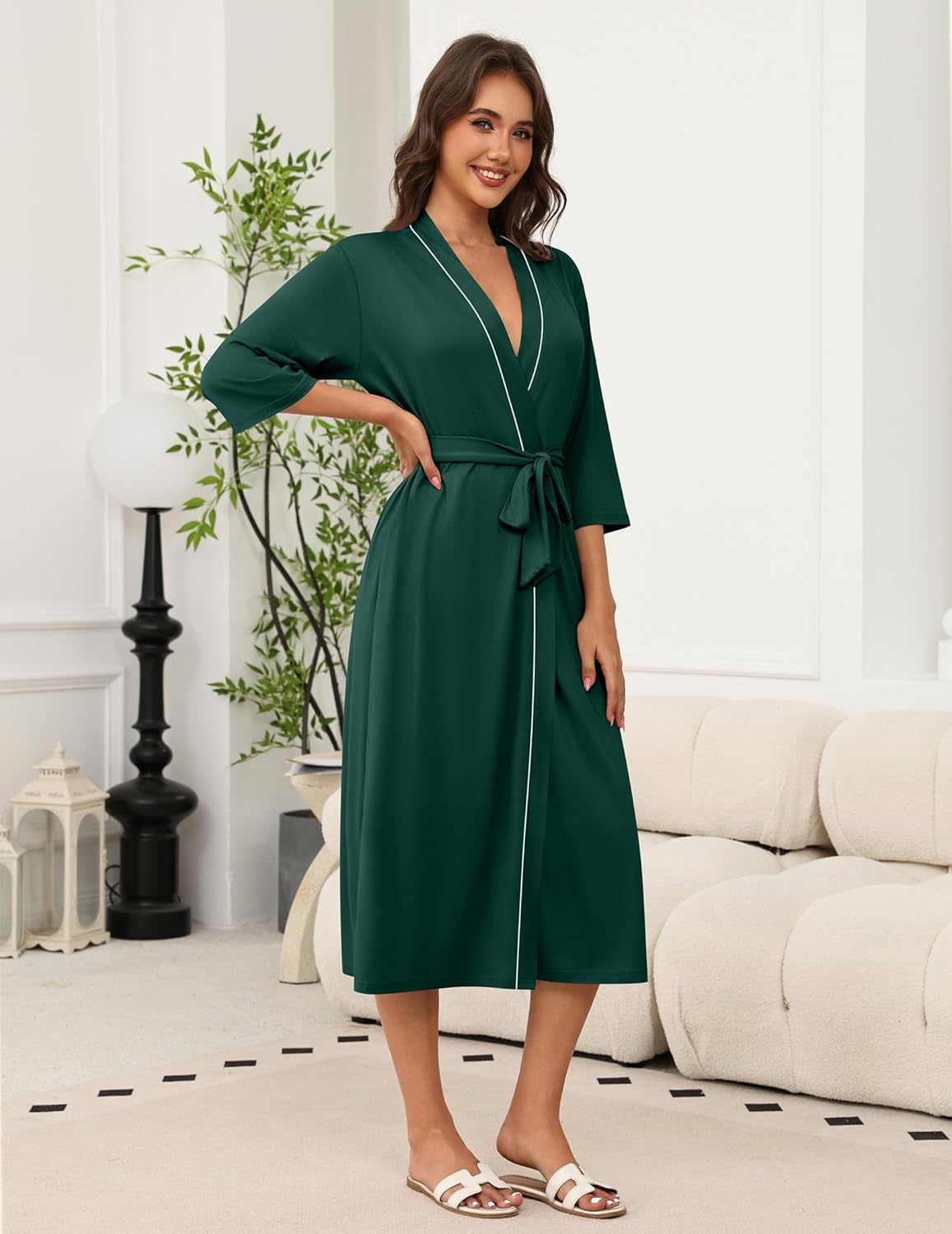 Long knit kimono bathrobe, deep green solid, 3/4 sleeves, tie waist.