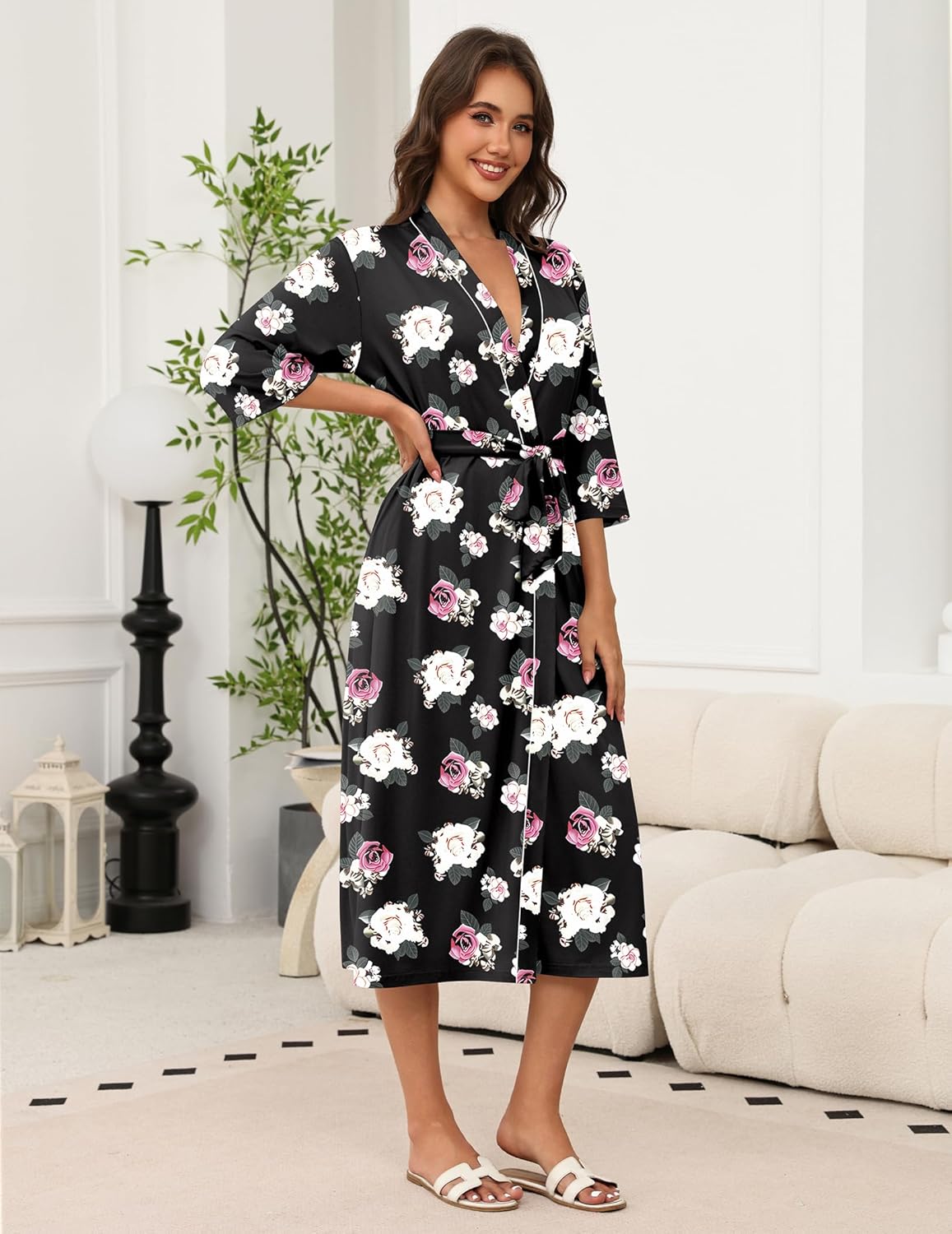 Long knit kimono bathrobe, black floral print, 3/4 sleeves, tie belt.