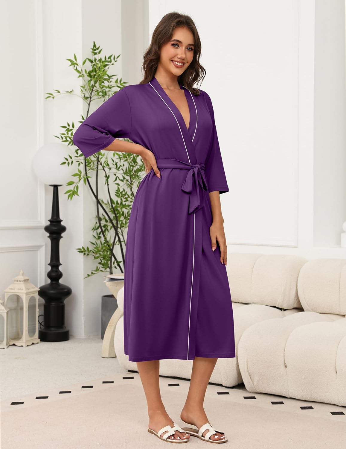 Deep purple knit kimono bathrobe with 3/4 sleeves, open front, waist tie