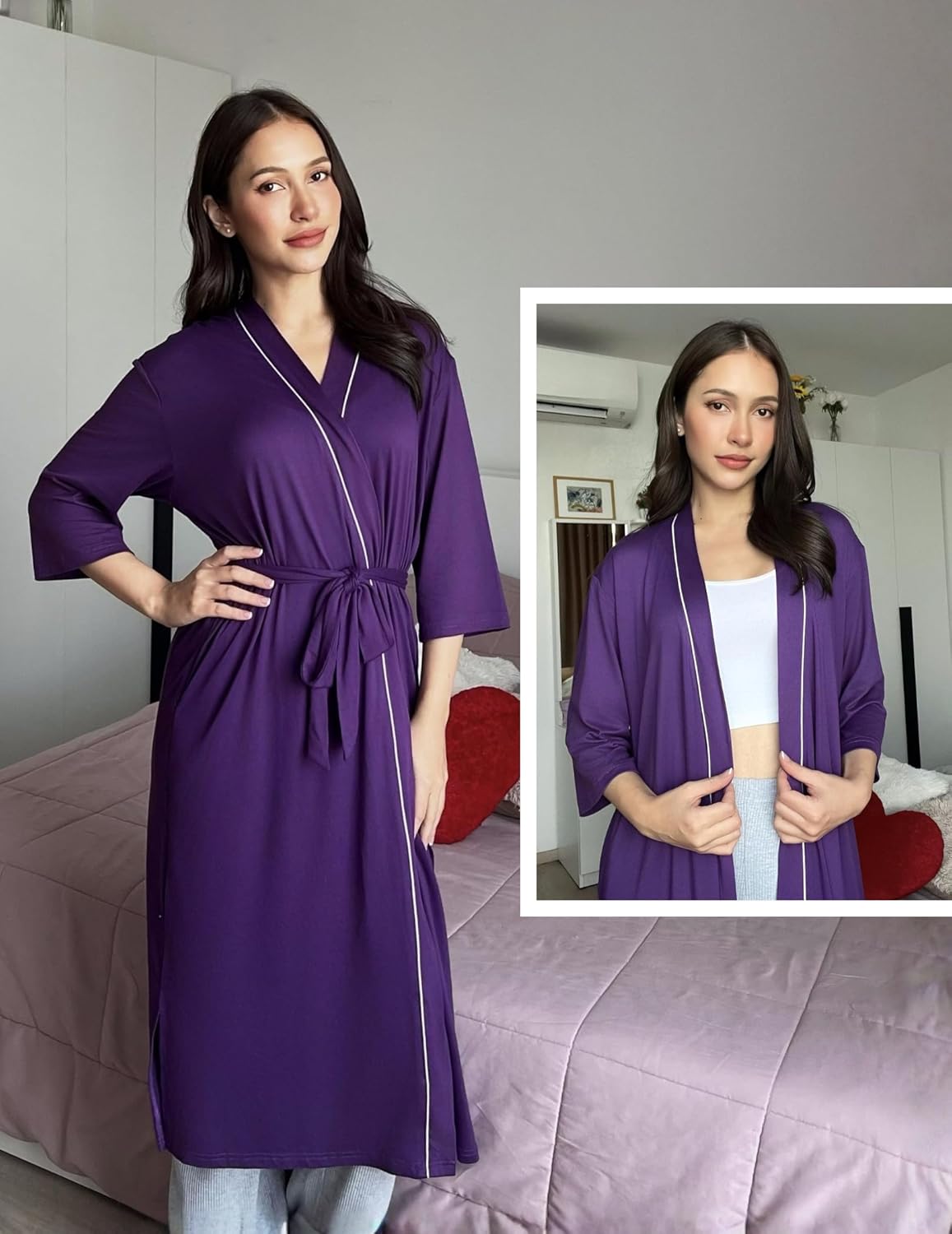 Deep purple long knit robe with 3/4 sleeves, open front, waist tie belt detail