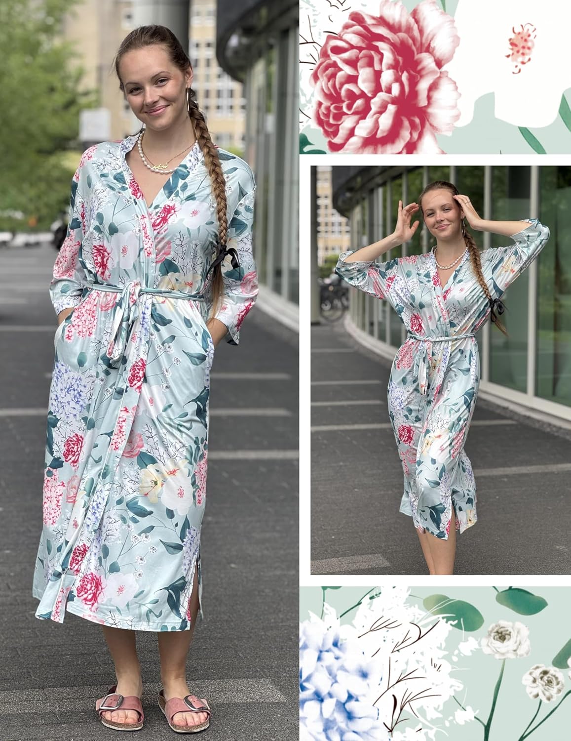 Langes Strickbademantel-Kimono mit Blumenprint, 3/4-Ärmeln, Taillenbindung