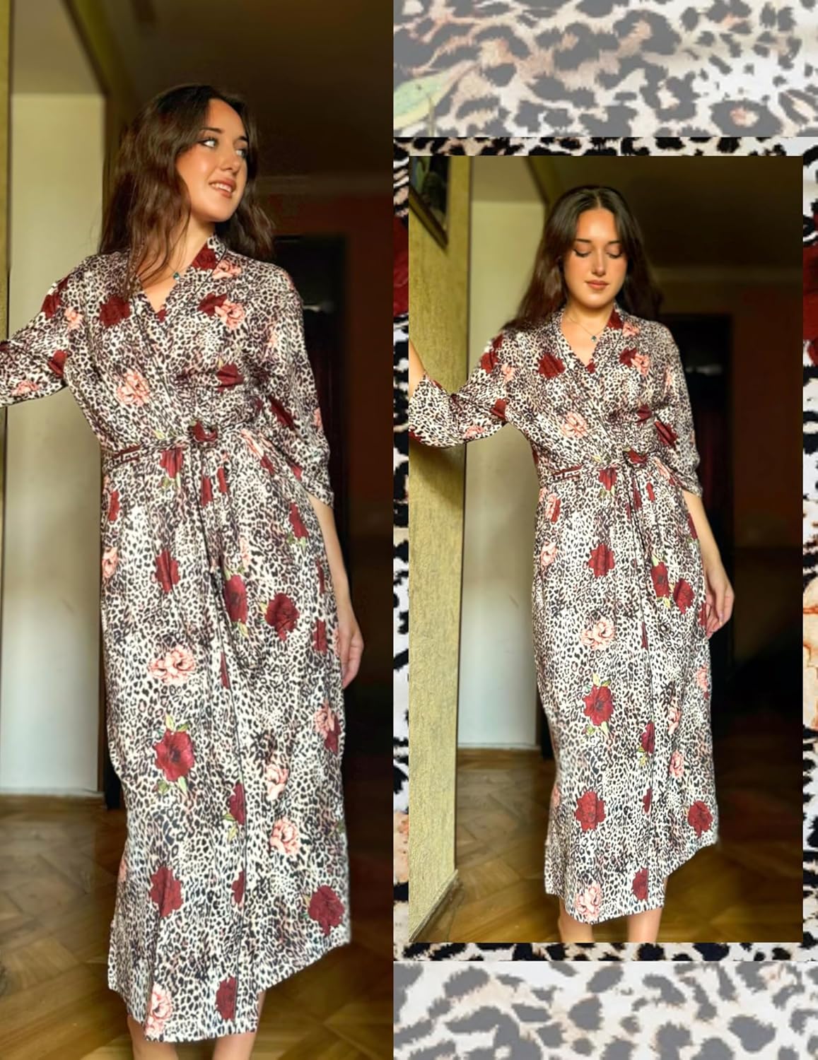 Long knit kimono bathrobe, leopard print with red floral motifs, 3/4 sleeves, front view.