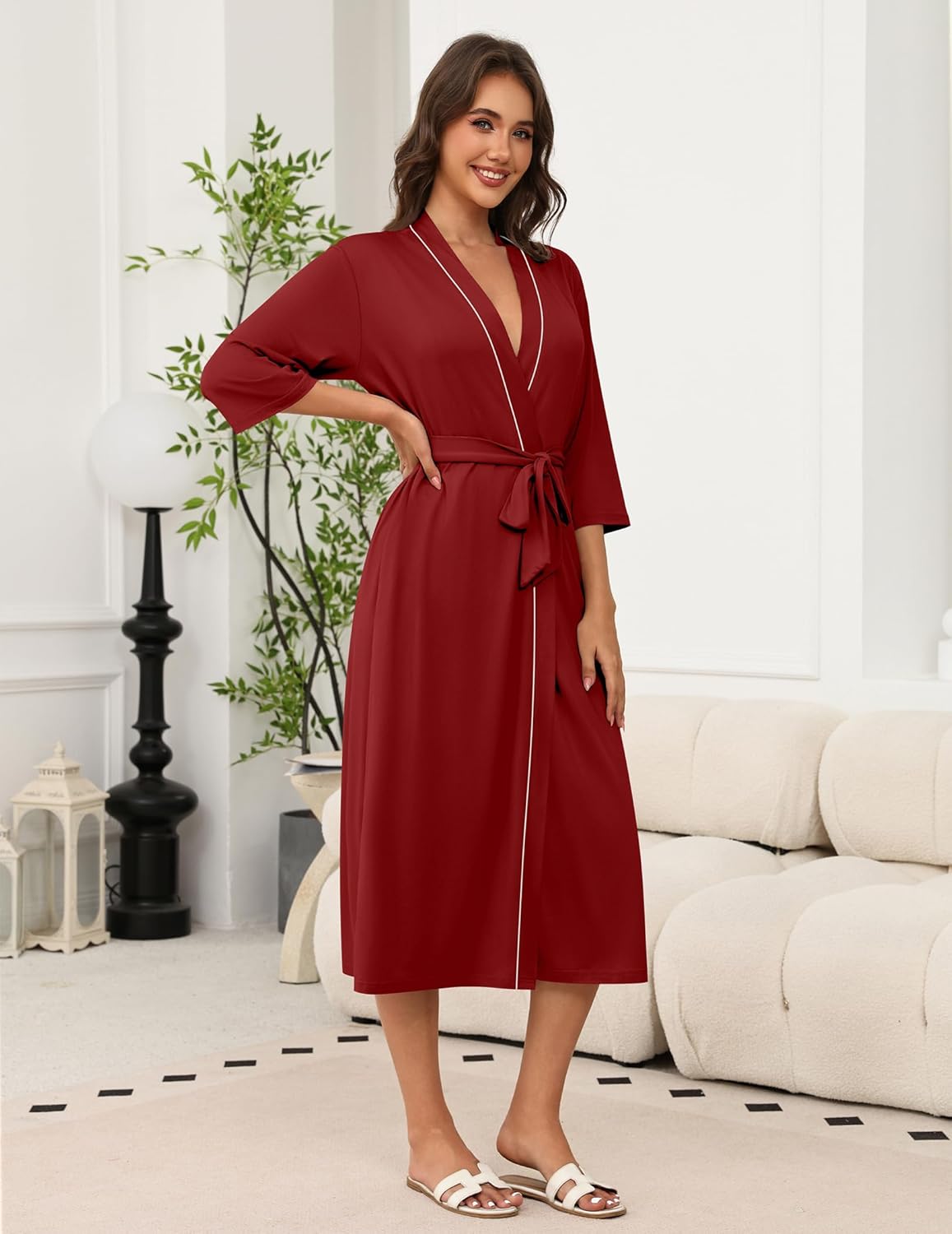 Wine red long knit kimono robe with 3/4 sleeves, tie waist, open V-neck
