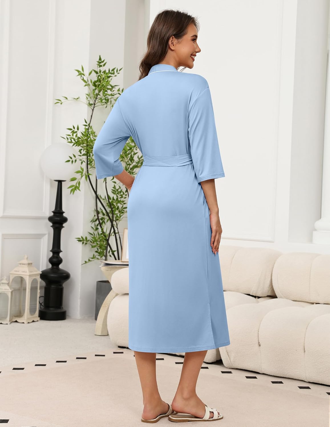 Light blue long knit robe with 3/4 sleeves and tie belt, open back kimono style