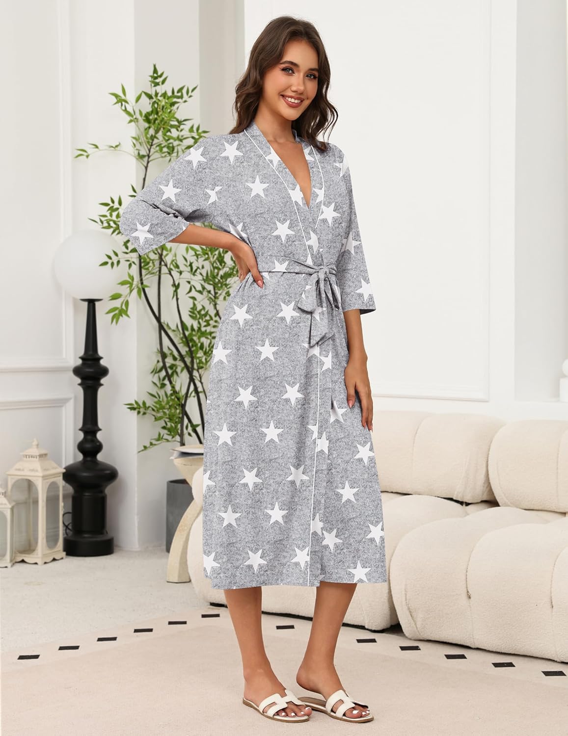 Grau melierter Bademantel-Kimono mit Sternenprint, 3/4-Ärmel und Gürtel