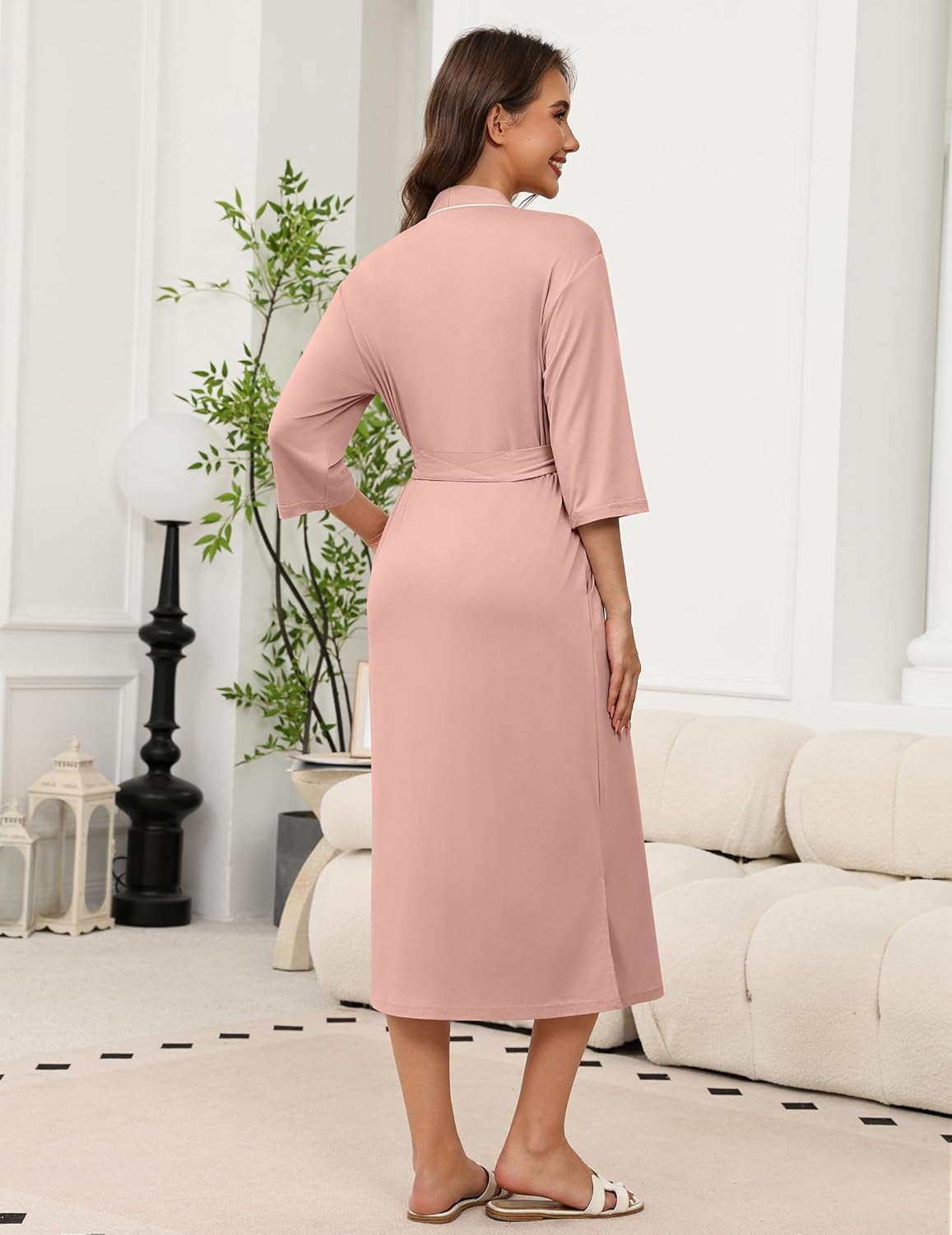 Light pink long knit robe with 3/4 sleeves and waist tie, open kimono style