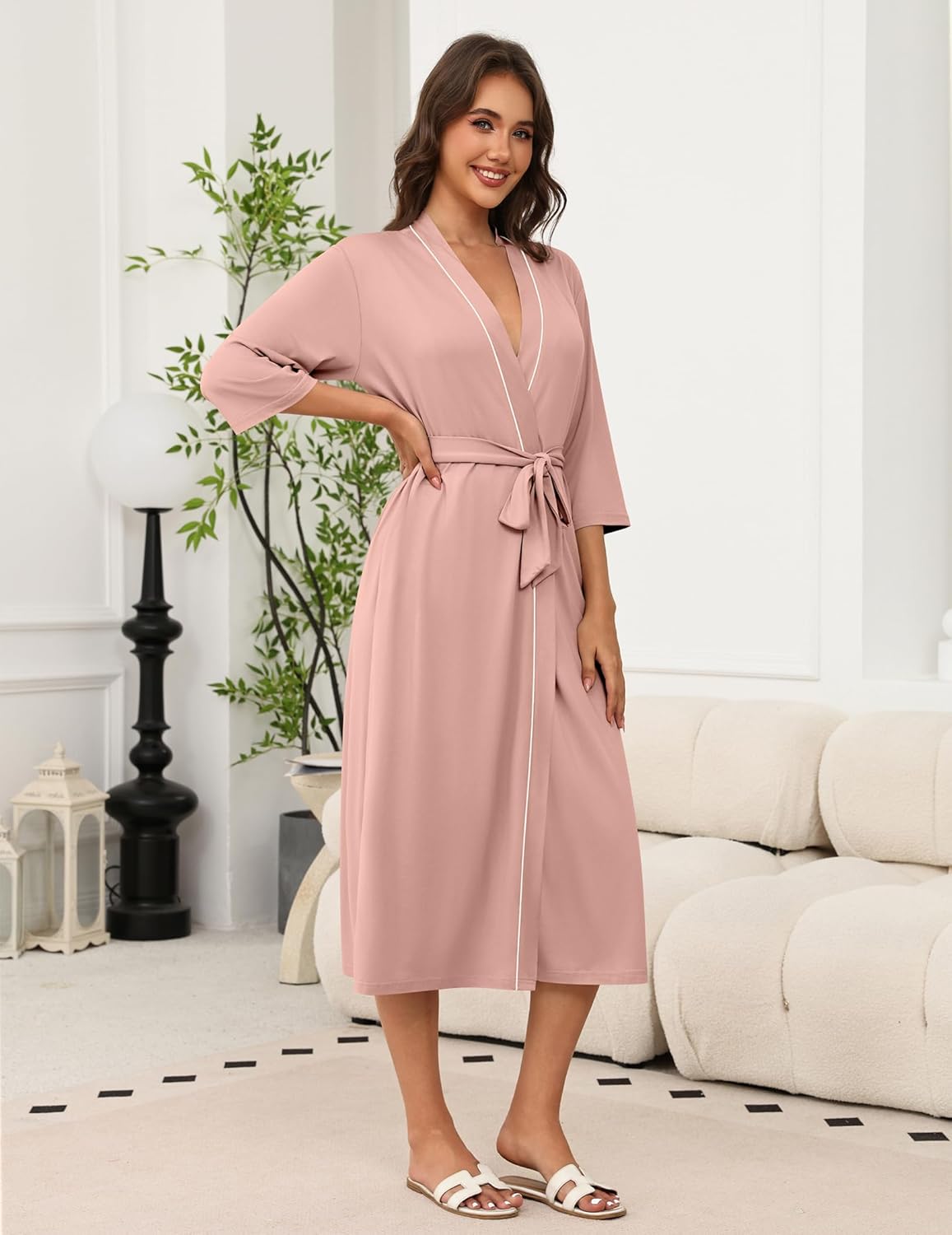 Light pink knit kimono bathrobe with 3/4 sleeves, open front, waist tie belt