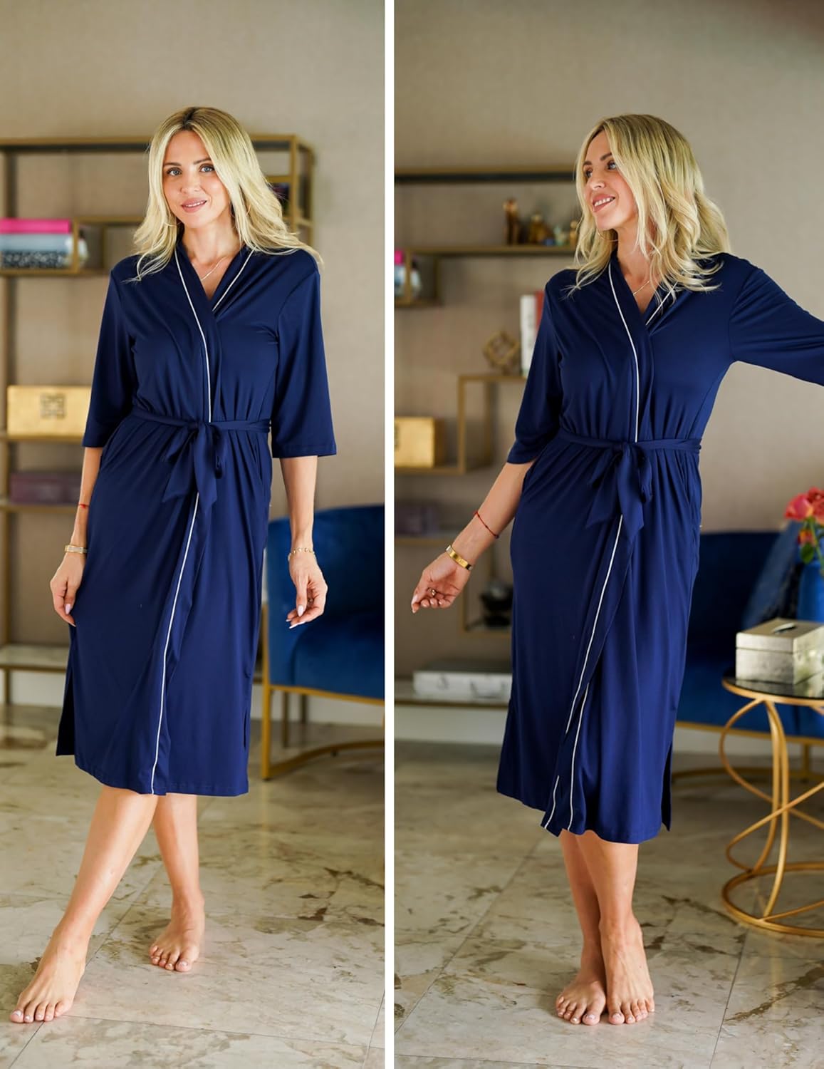 Navy blue knit bathrobe with 3/4 sleeves, kimono cut, tie waist, contrast piping