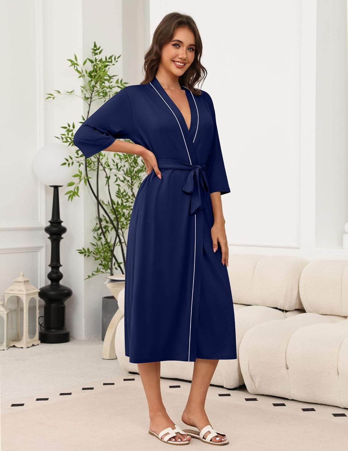 Navy blue long knit kimono robe with 3/4 sleeves, tie belt, open V-neck