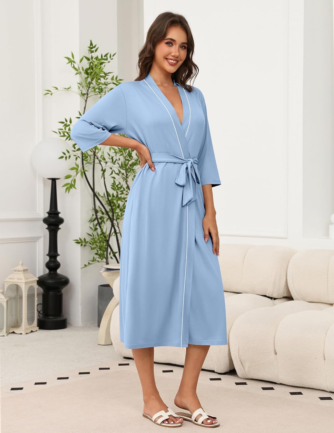 Light blue long knit kimono robe with 3/4 sleeves, tie waist, open V-neck