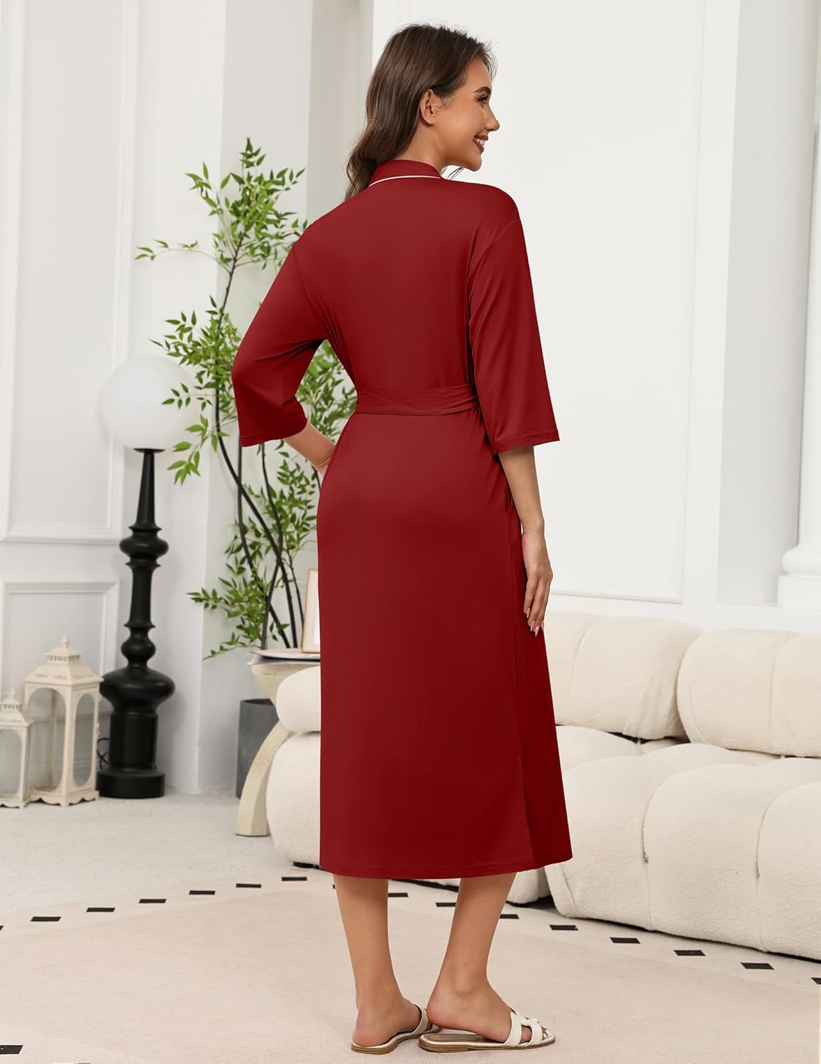 Wine red long knit kimono bathrobe, 3/4 sleeves with waist tie, open front