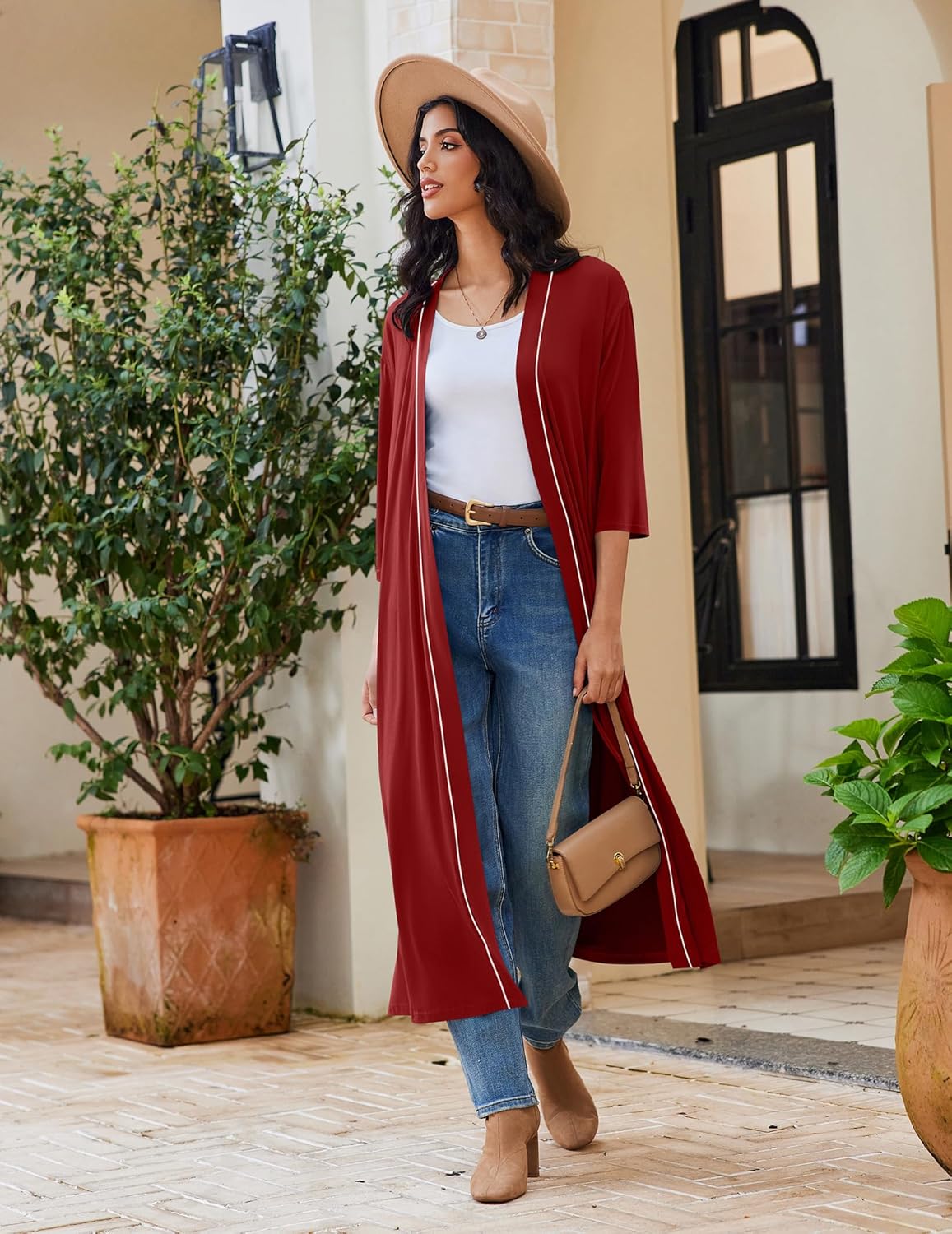 Wine red long knit robe with 3/4 sleeves, open front, and belt tie at waist