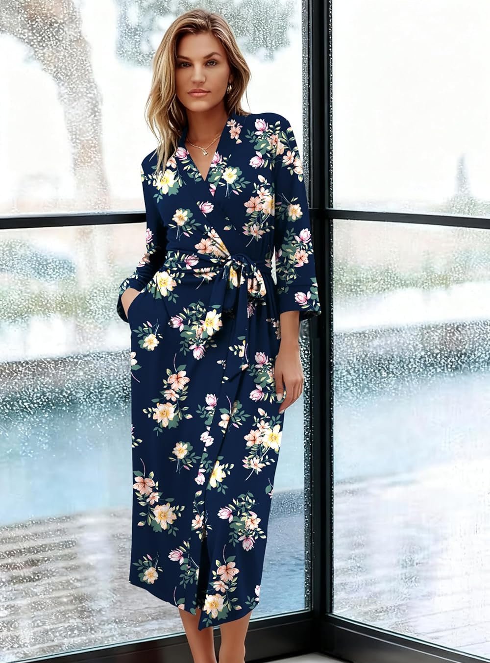 Leichter Strick-Bademantel im Kimono-Stil, dunkelblau mit Blumenmuster, Wickelgürtel