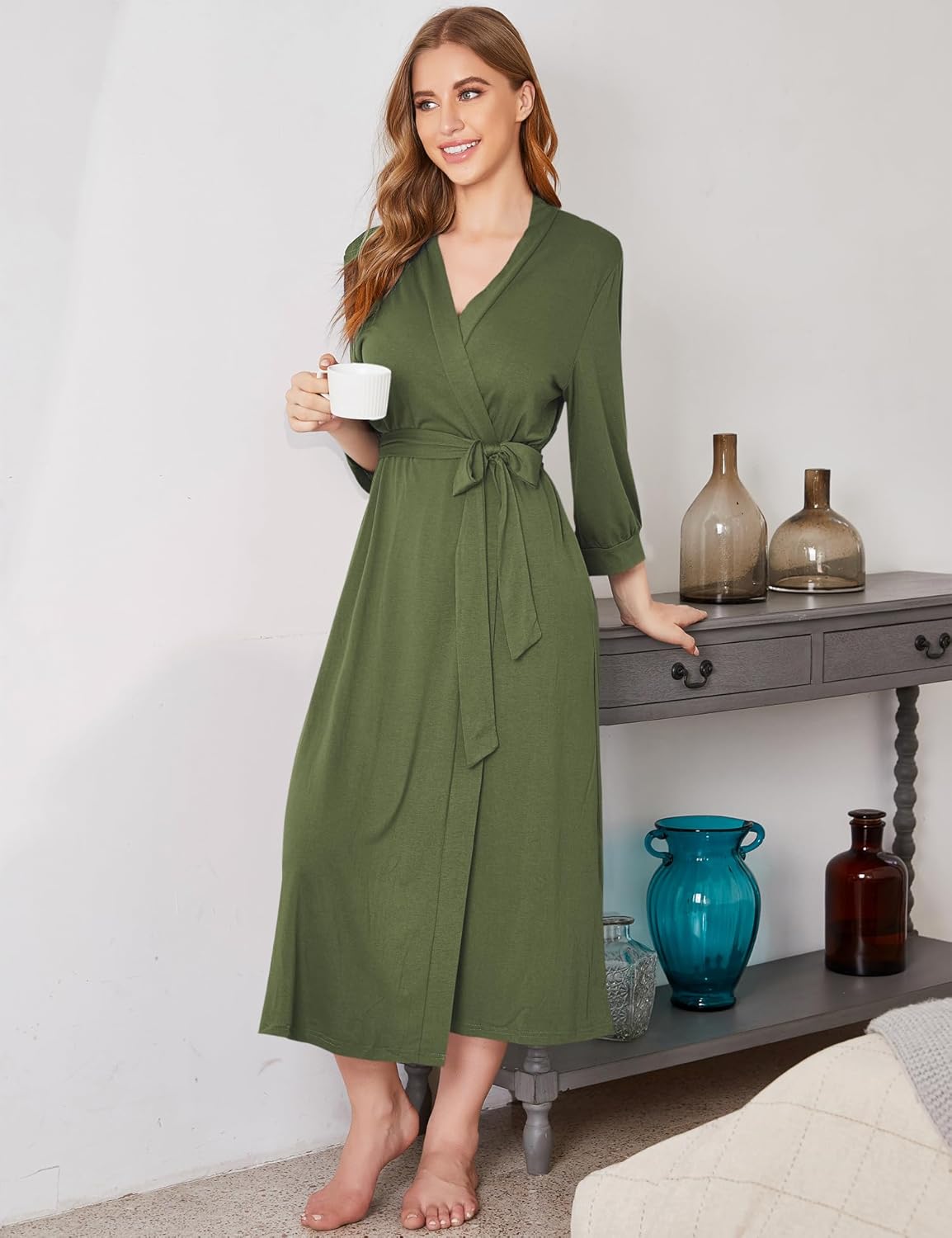 Lightweight long knit kimono bathrobe in army green, V-neck, tied waist, 3/4 sleeves