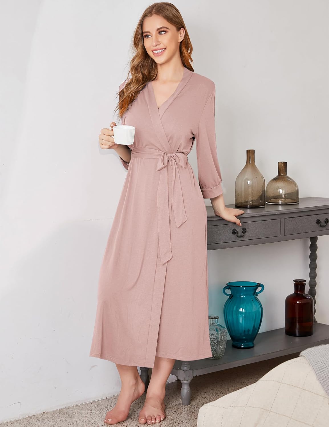 Leichter Strick-Bademantel im Kimono-Stil, rosé/braun, Wickelgürtel, V-Ausschnitt