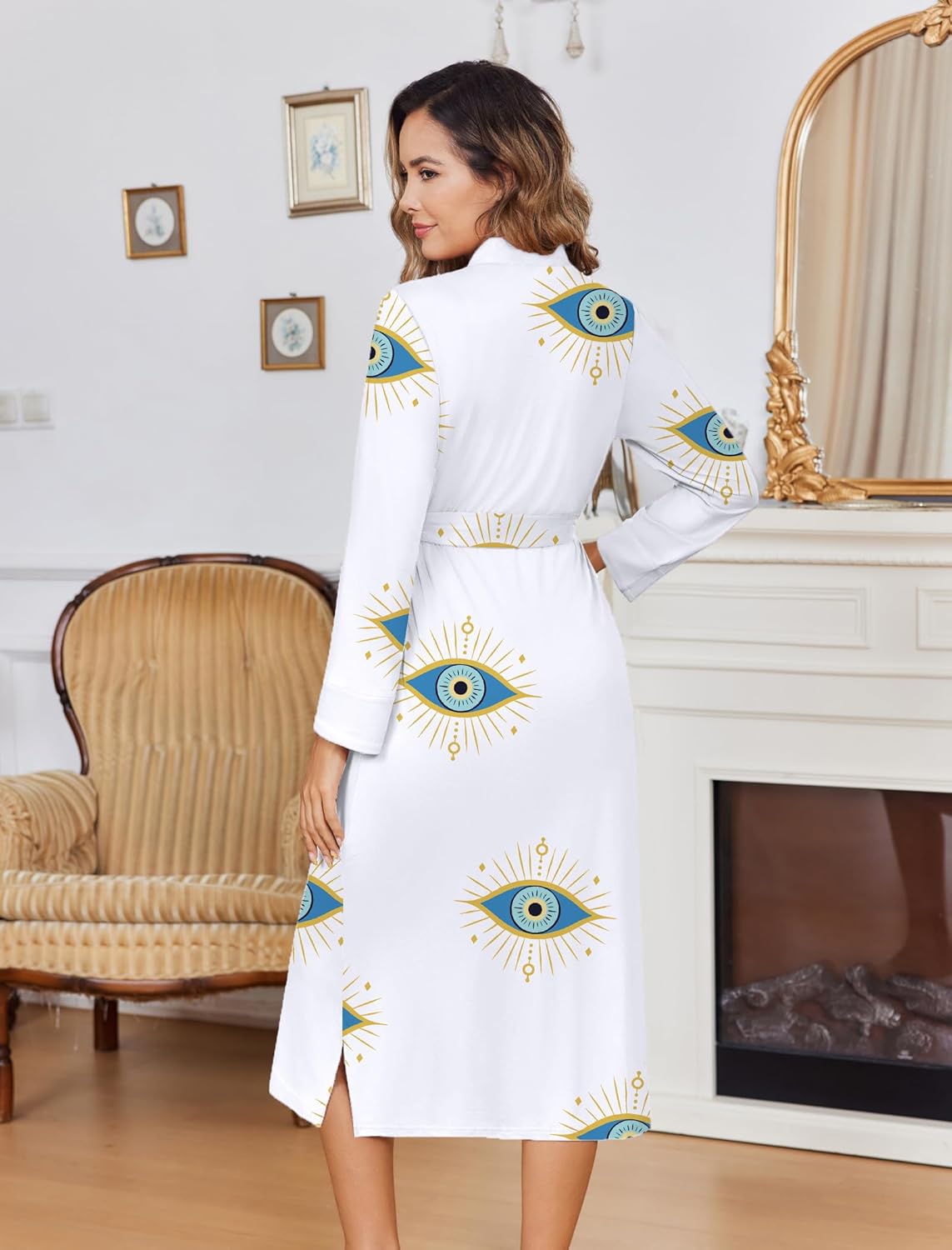 Long knit kimono bathrobe, white with blue eye print, wrap collar, long sleeves