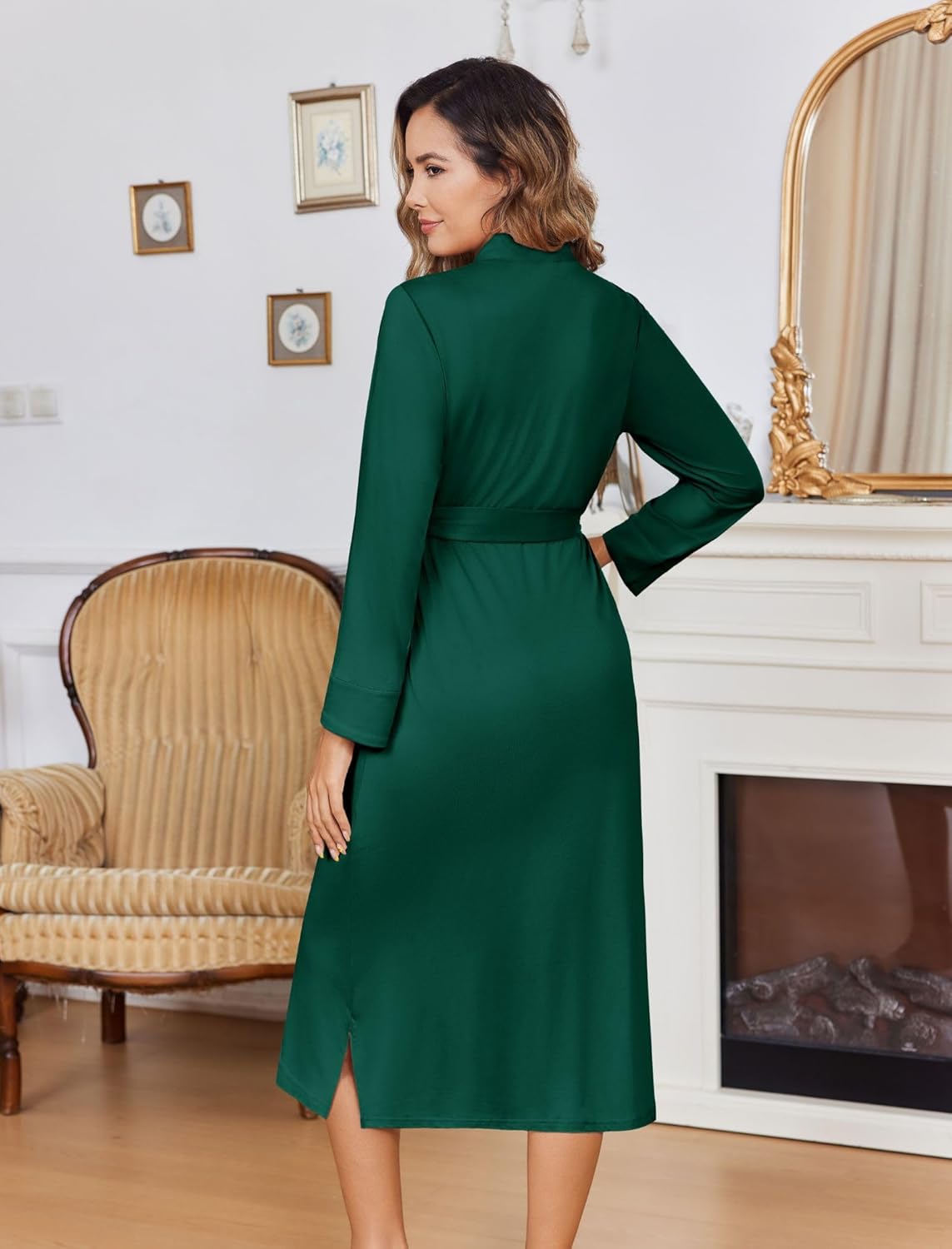 Lightweight knit kimono bathrobe, deep green, back view with waist tie and long hem