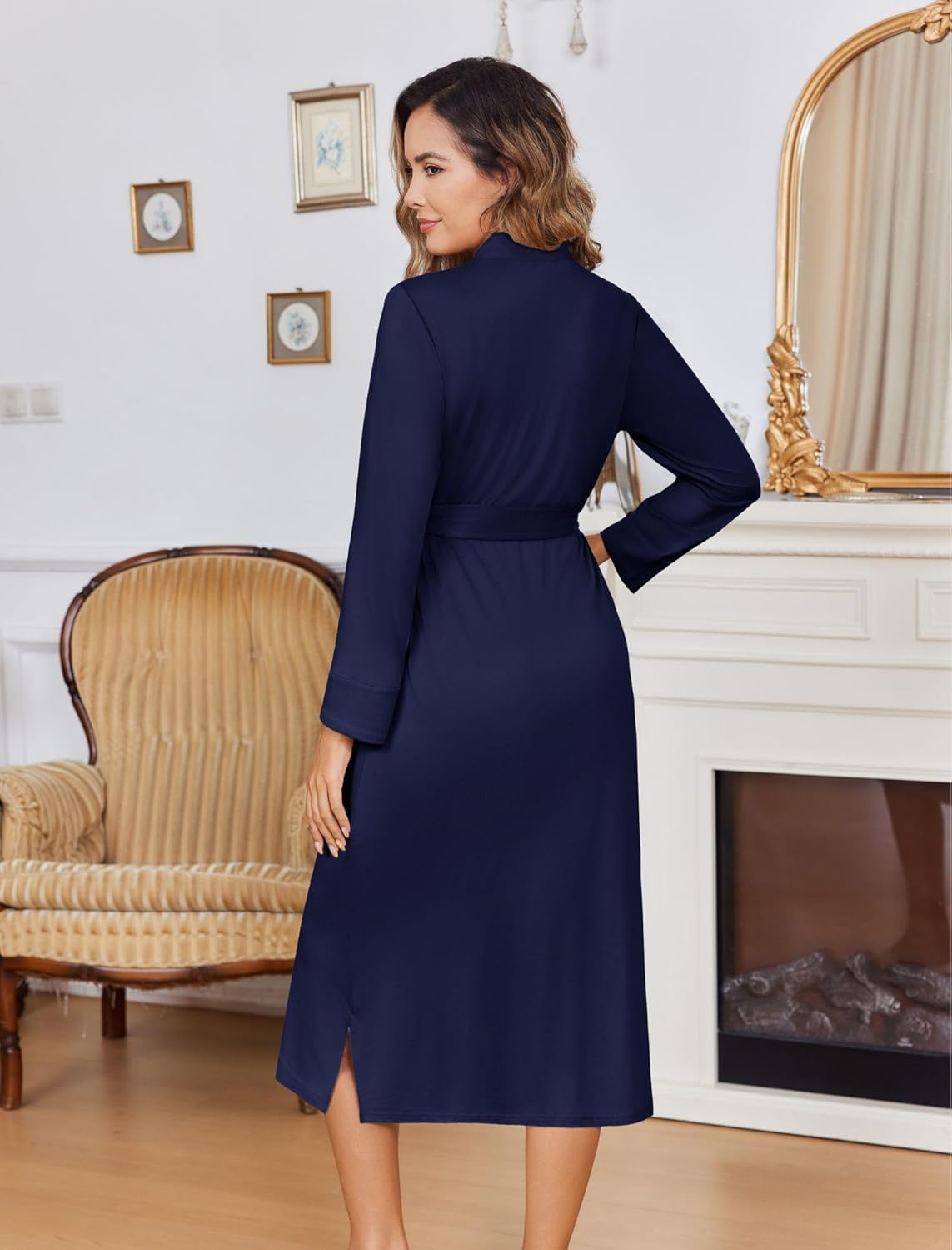 Lightweight knit kimono bathrobe, navy blue, back view with waist tie and long hem