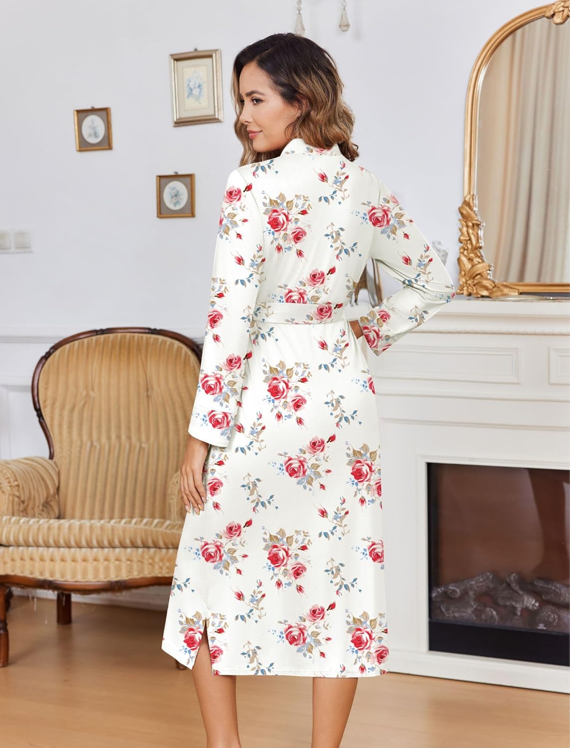 Long knit kimono bathrobe, back view white rose print with waist tie and belt