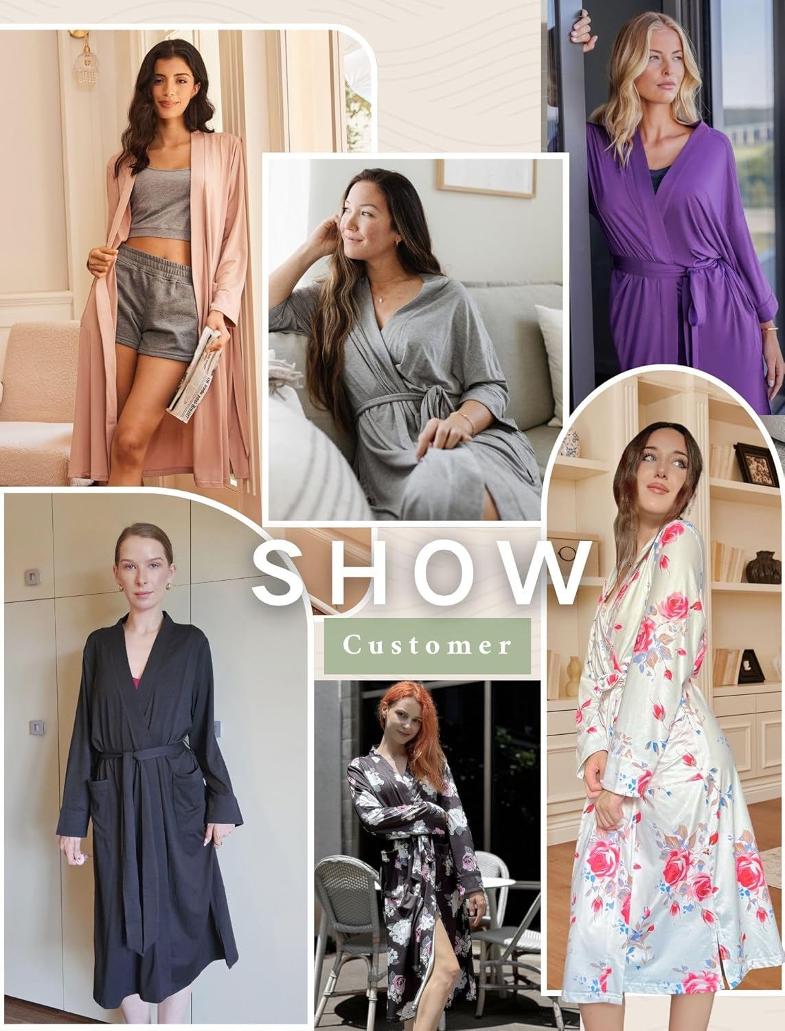 Long knit kimono bathrobe collage, multiple colors: gray, purple, floral, black