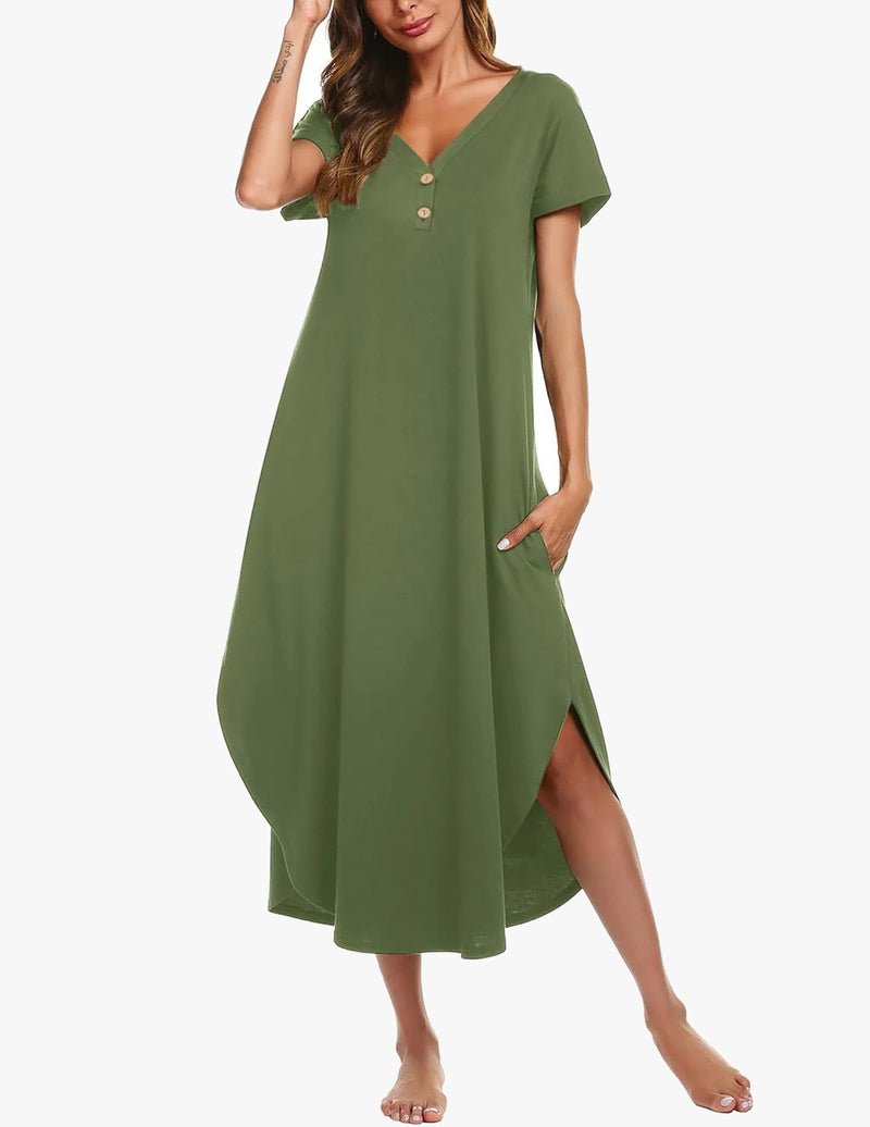Olive green long nightgown with short sleeves, button front, V-neck