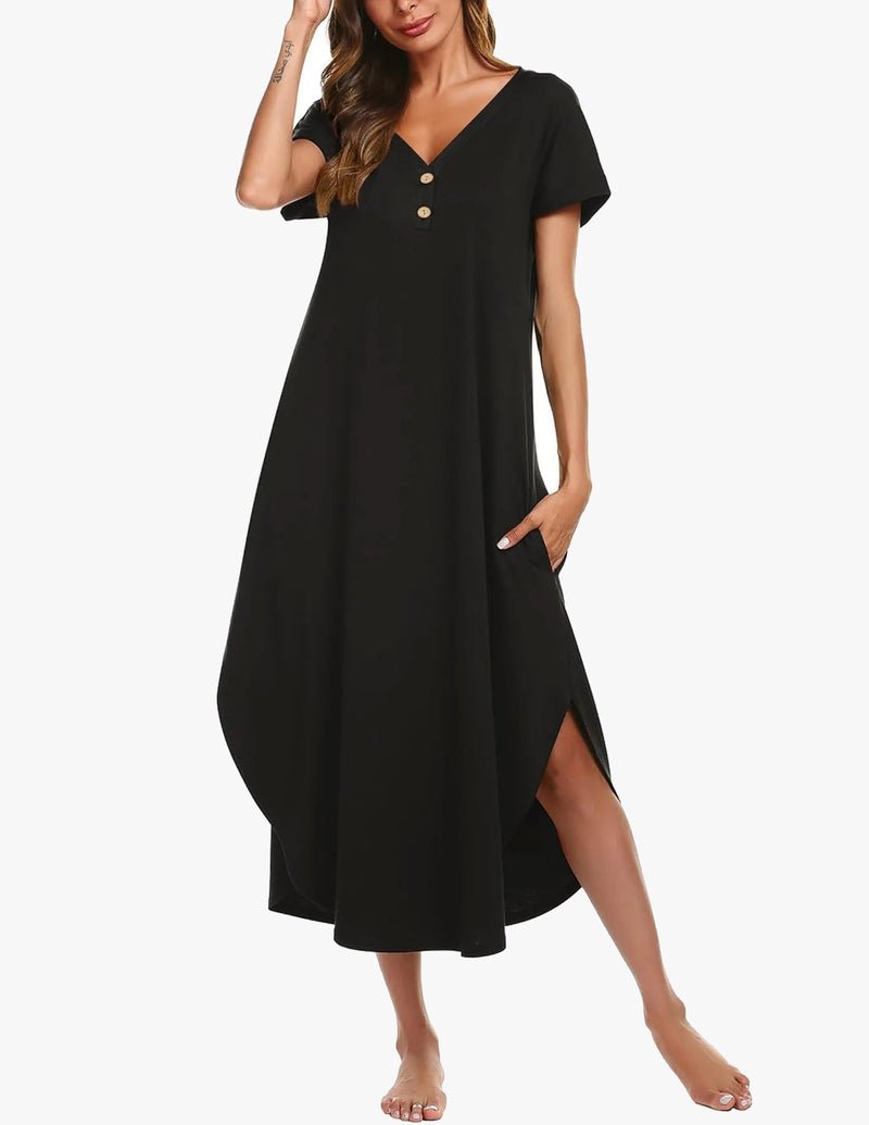 Black long nightgown with short sleeves, button front, V-neck