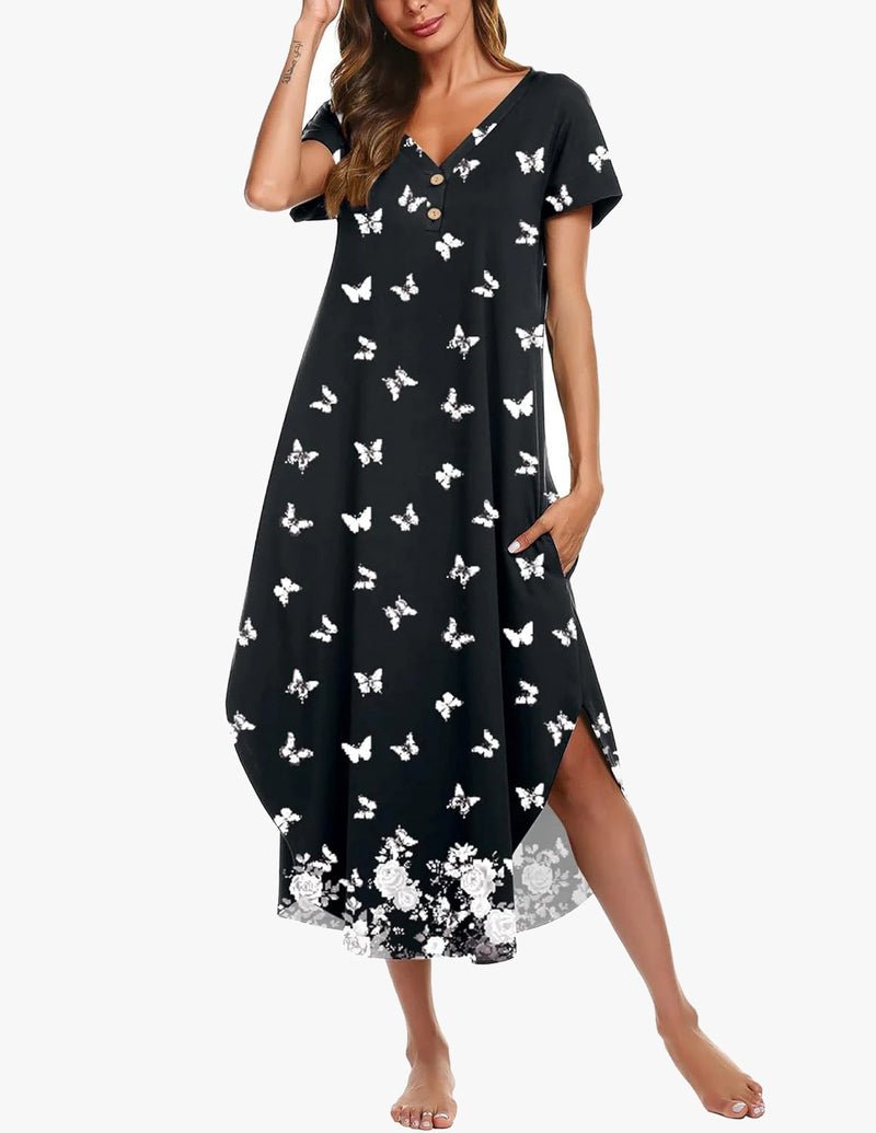 Black butterfly print long nightgown, short sleeves, button front, V-neck