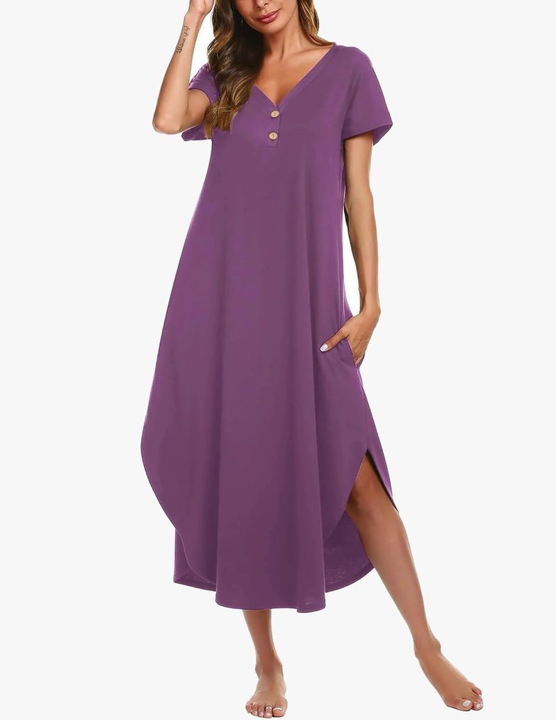 Purple long nightgown with short sleeves, button front, V-neck