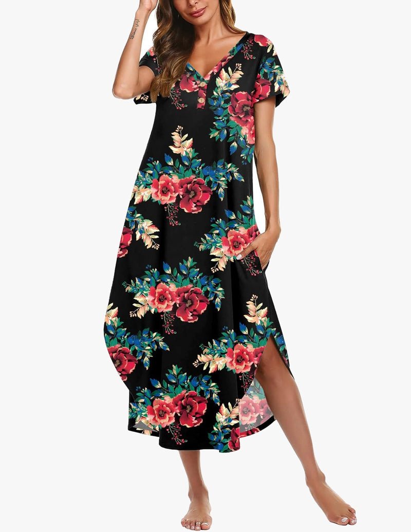 Black floral button-front long nightgown with short sleeves and V-neck, side slit