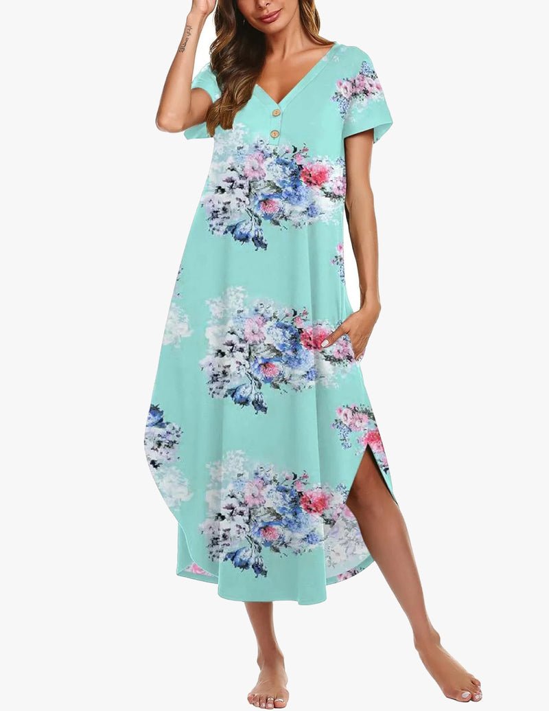 Light turquoise floral long nightgown with short sleeves, button front, V-neck