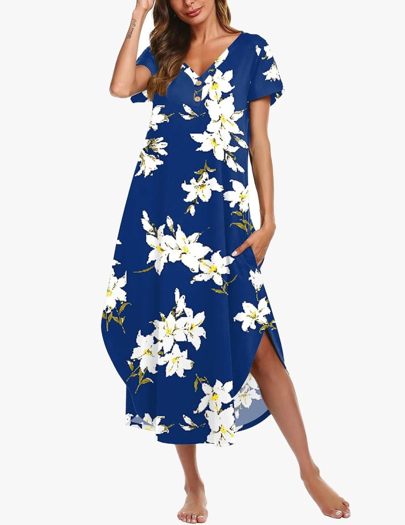 Blue floral button-front long nightgown with short sleeves and V-neck, side slit