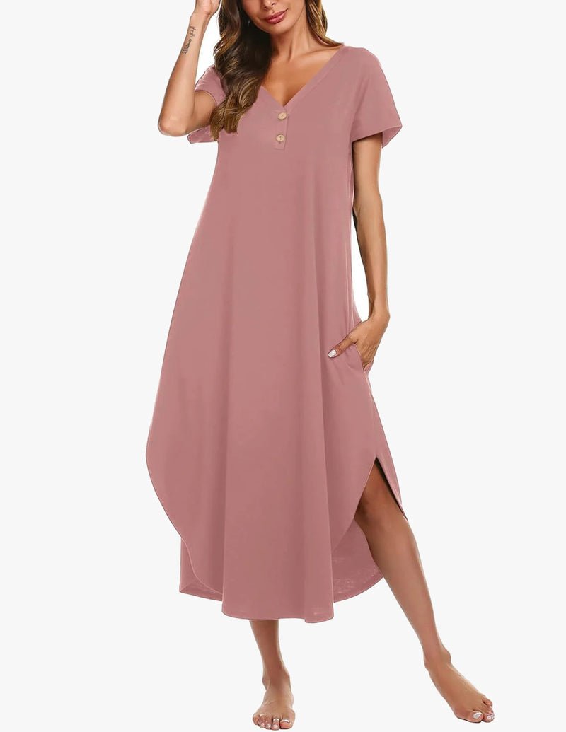 Mauve long nightgown with short sleeves, button front, V-neck
