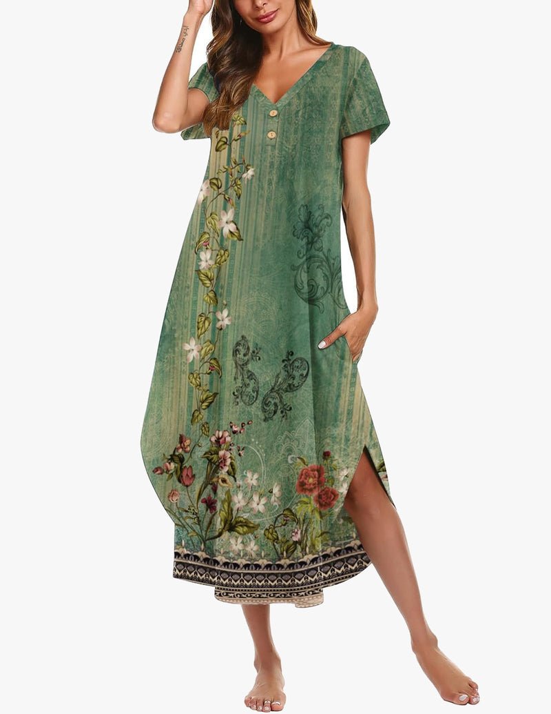 Green floral button-front long nightgown with short sleeves and V-neck, side slit