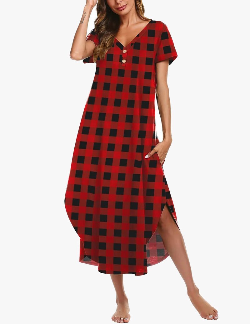 Red and black plaid button-front long nightgown with short sleeves and V-neck, side slit