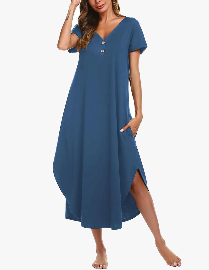 Navy long nightgown with short sleeves, button front, V-neck