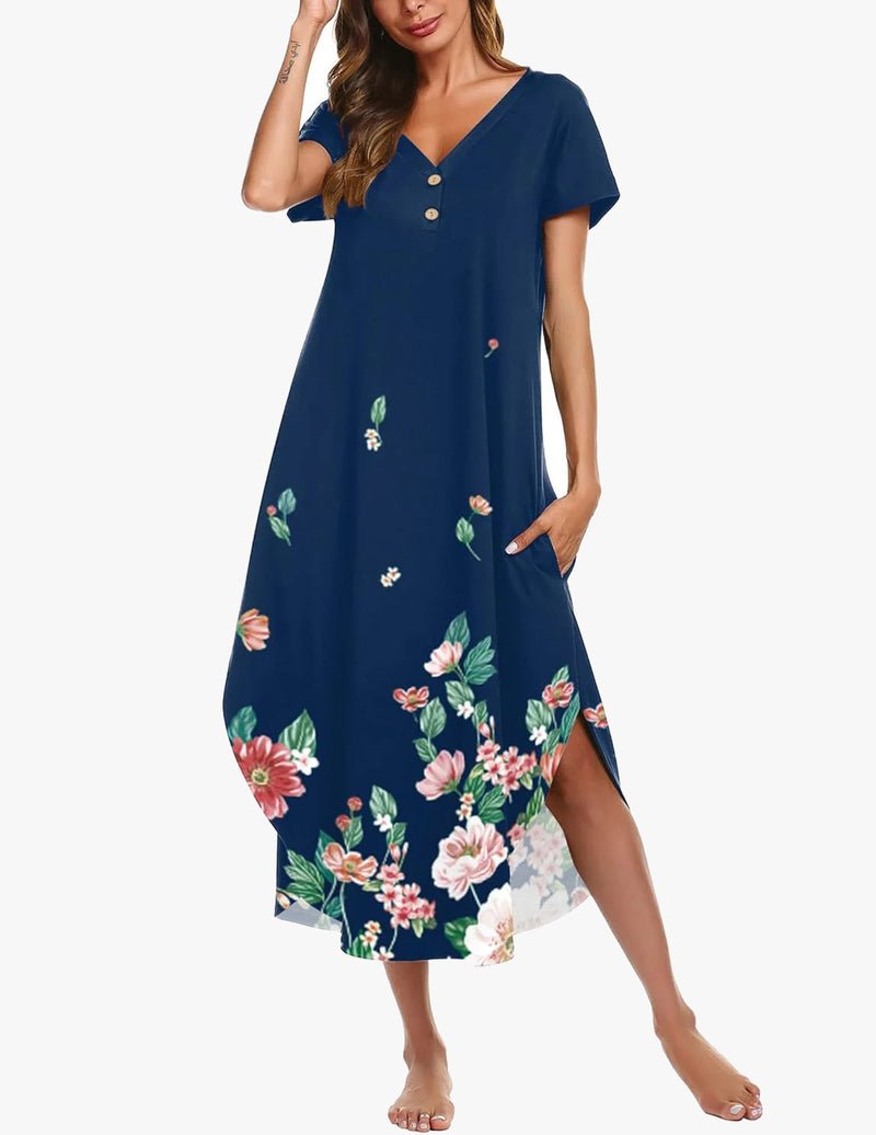 Deep blue floral long nightgown, short sleeves, button front, V-neck