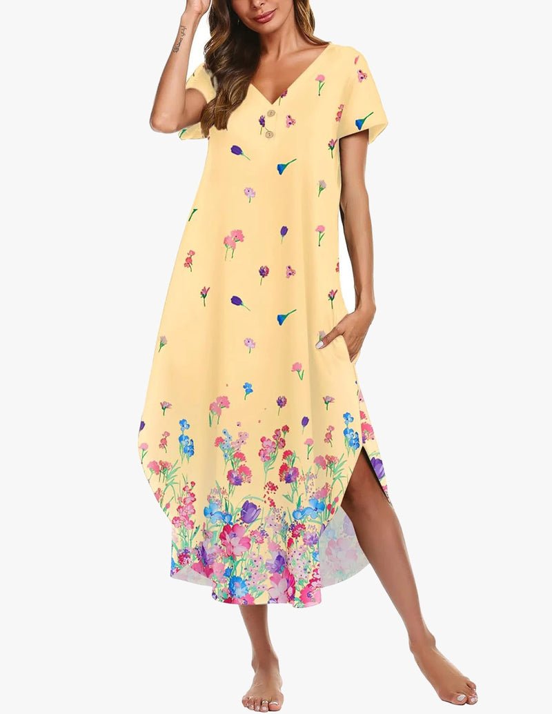 Light yellow floral button-front long nightgown with short sleeves and V-neck, side slit