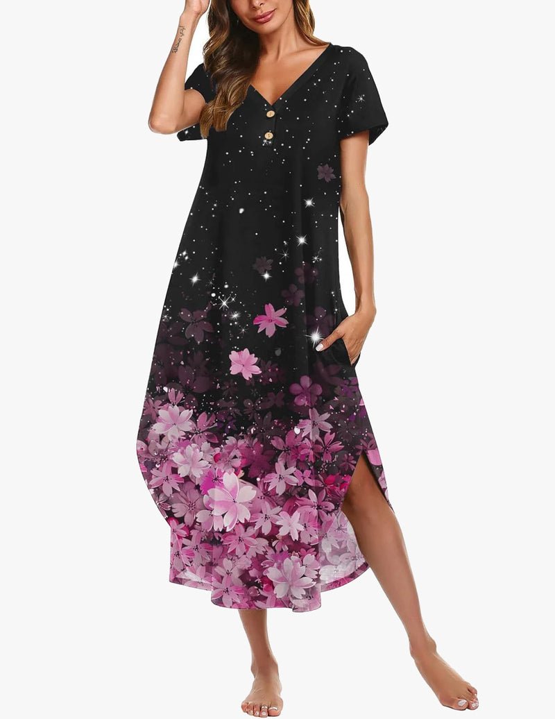 Black floral long nightgown, short sleeves, button front, V-neck