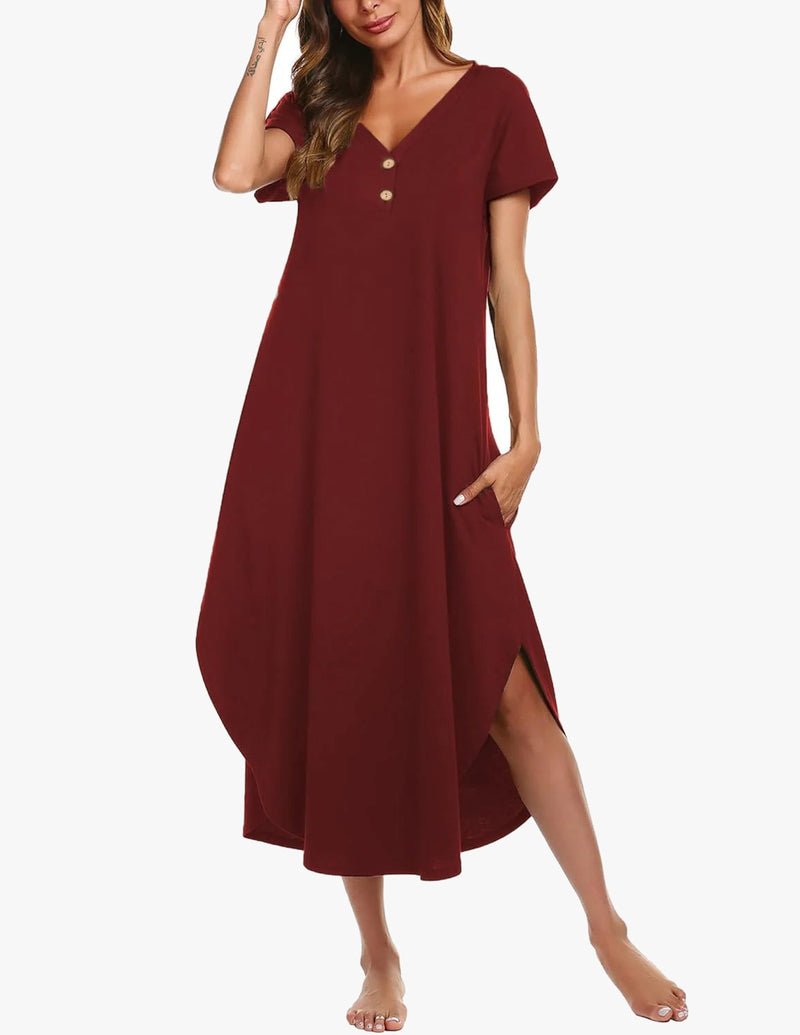 Burgundy long nightgown with short sleeves, button front, V-neck