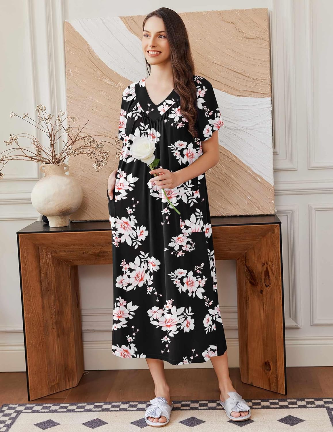 Black floral long nightgown with short sleeves, V-neck and gathered neckline