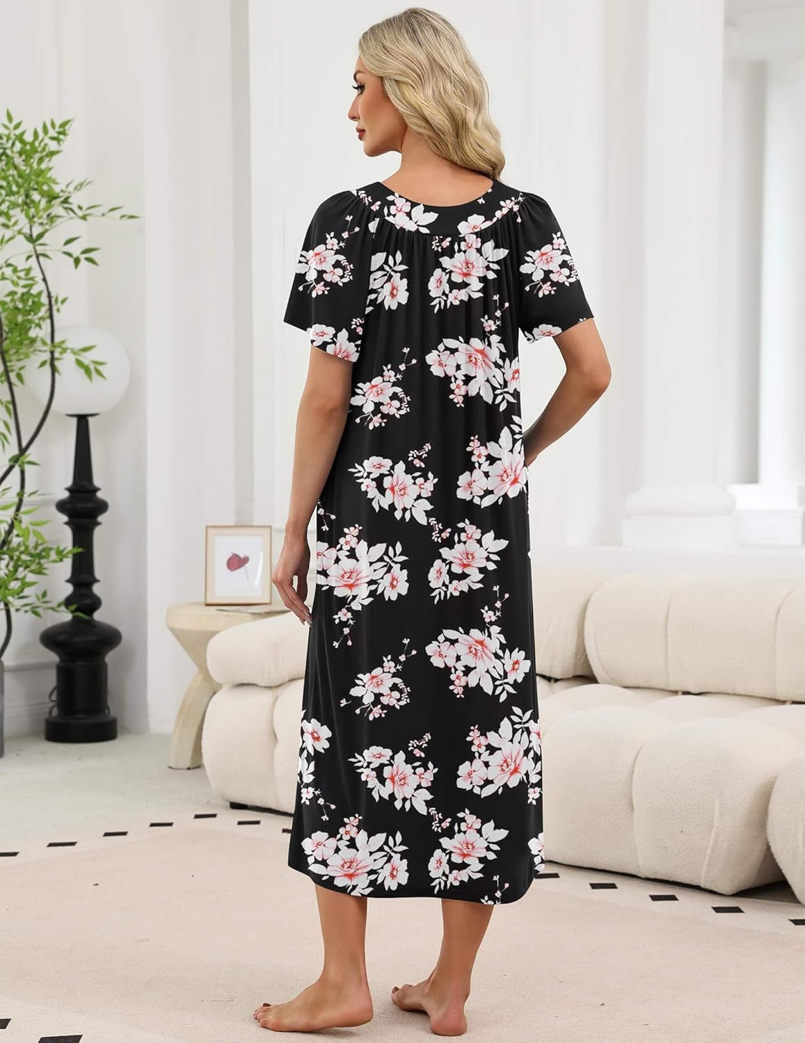 Black floral long nightgown back view, short sleeves and gathered yoke