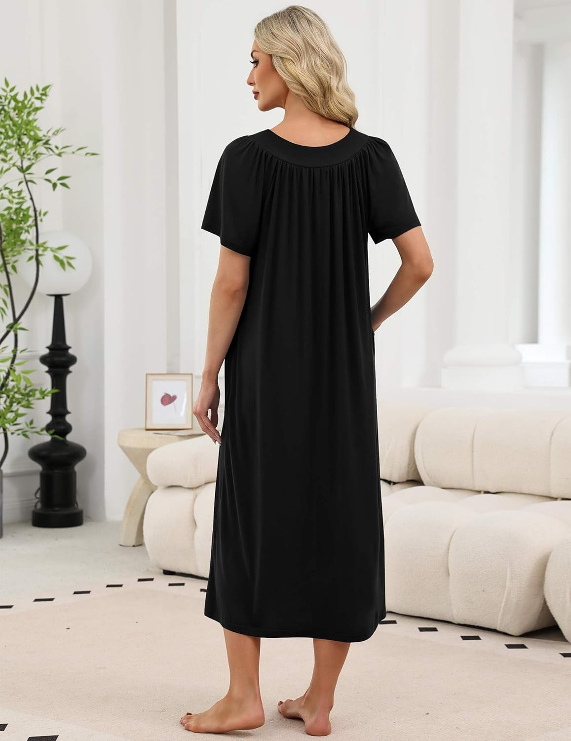 Black solid long nightgown back view with short sleeves and gathered neckline