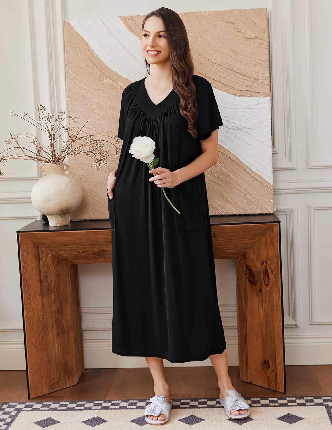 Black solid long nightgown with short sleeves, V-neck and gathered yoke