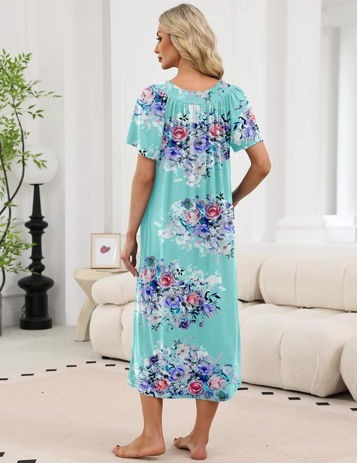 Long Nightgown türkis mit Blumenprint, Rücken, Kurzarm, V-Ausschnitt