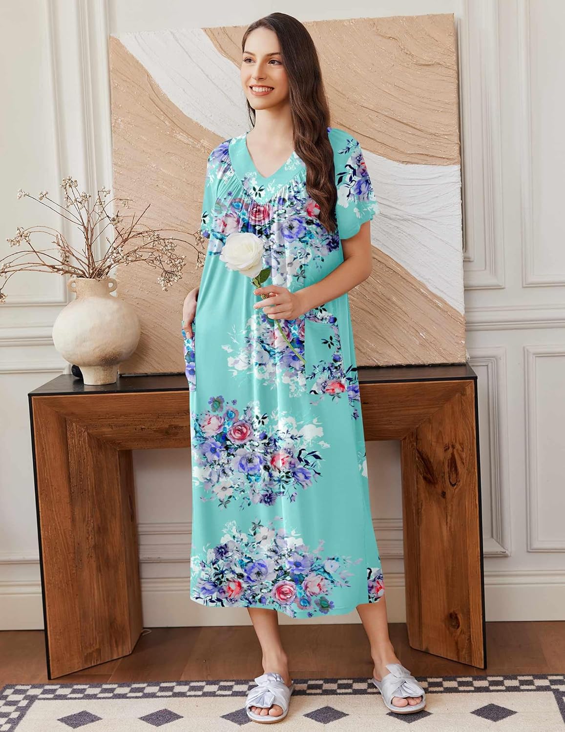 Long Nightgown türkis mit Blumenprint, V-Ausschnitt, Kurzarm
