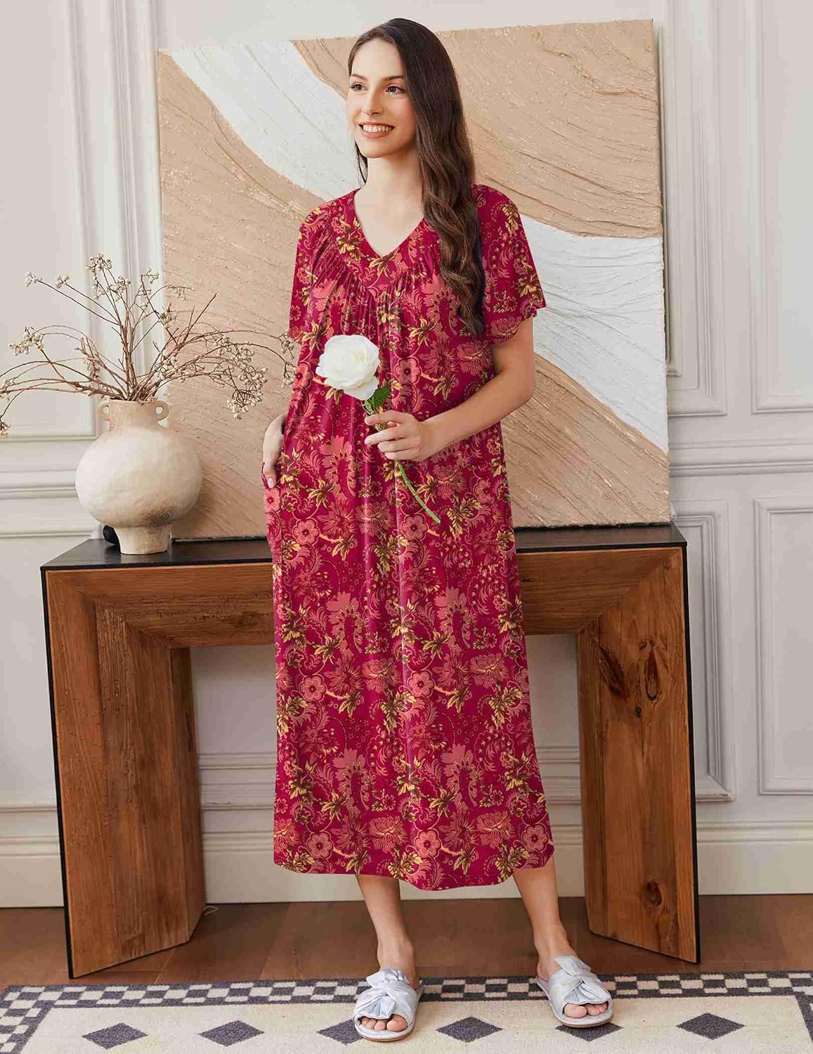 Long Nightgown weinrot mit floralen Mustern, Kurzarm
