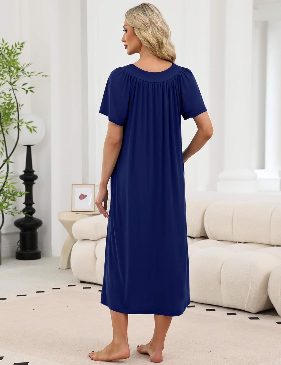 Navy long nightgown back view with short sleeves and gathered neckline